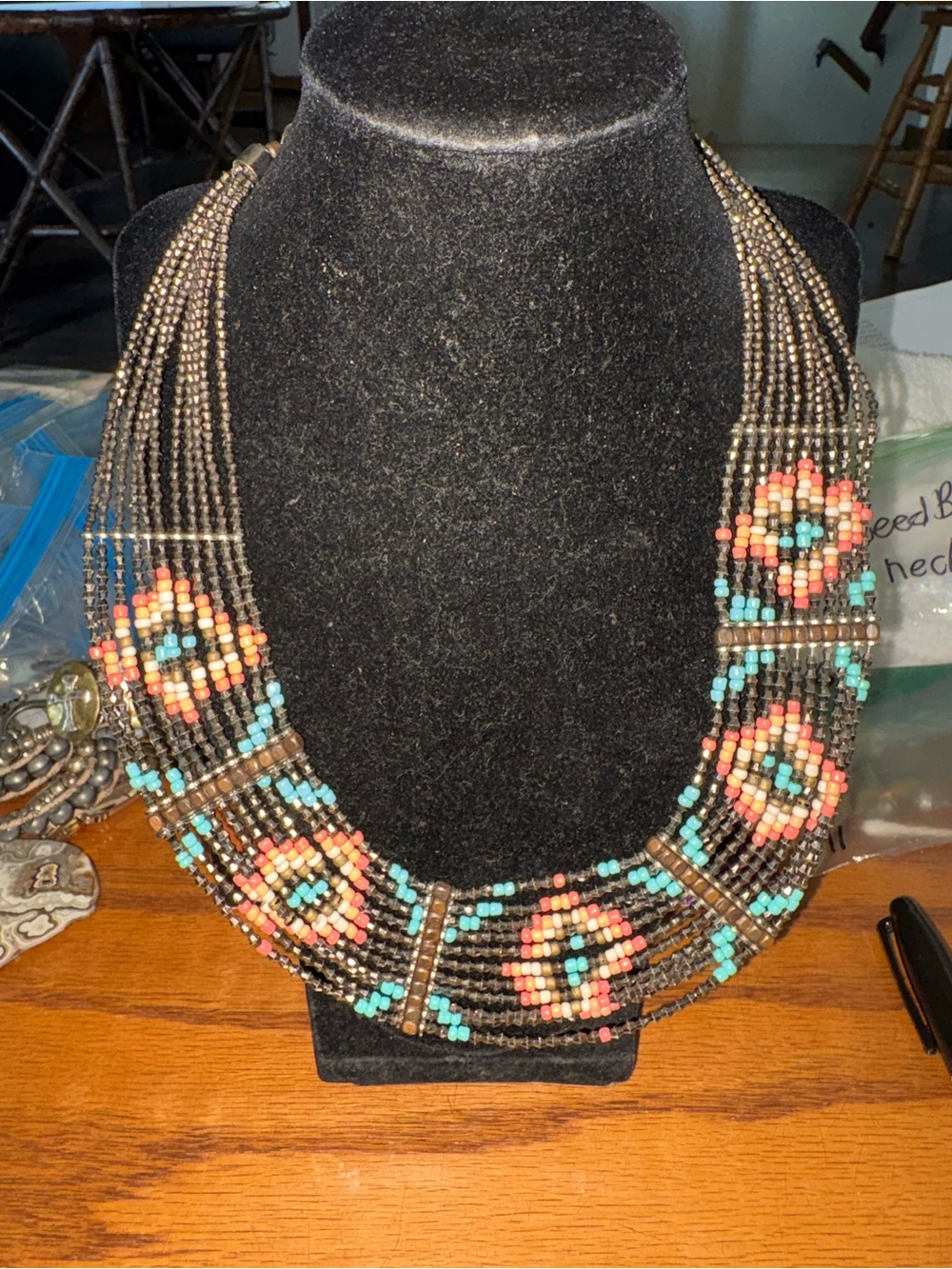 Multistrand Beaded Statement Necklace in Brown, all seed beads 11 inches